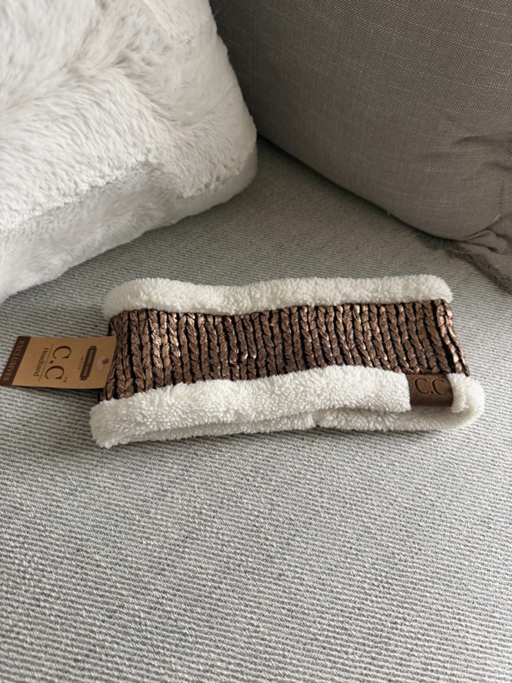 NWT - C.C Brown and Cream Sherpa-Lined Knit Headband